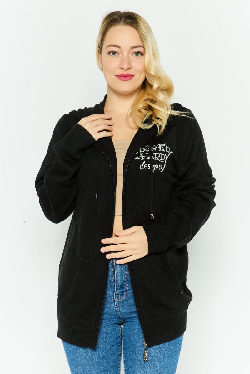 Ed Hardy هودي نسائي بأكمام طويلة وطباعة جرافيك، أسود - Image 1