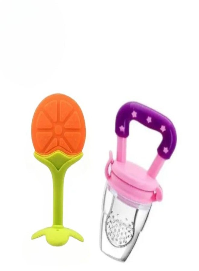 KALRA MAGIC® 1Pc Baby Fruit Feeder & 1Pcs Silicone Teether Set BPA Free Soft Chew Teething Toy & Self-Feeding Pacifier for Infants & Toddlers (Combo No 1) - Image 1