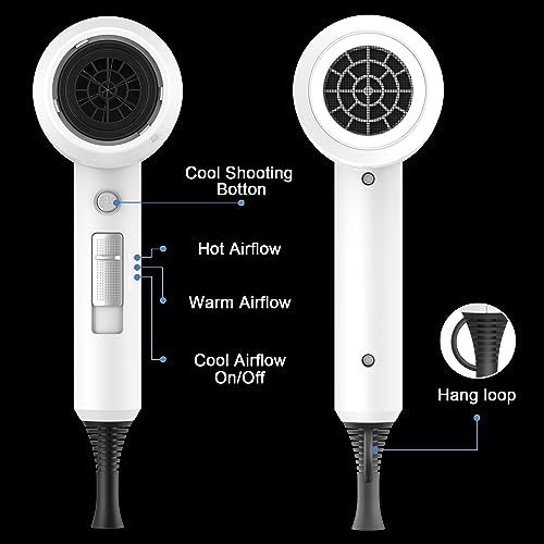 slopehill Professional Ionic Hair Dryer, Powerful 1800W Fast Drying Low Noise Blow Dryer with 2 Concentrator Nozzle 1 Diffuser Attachments for Home Salon Travel (White) - Image 4