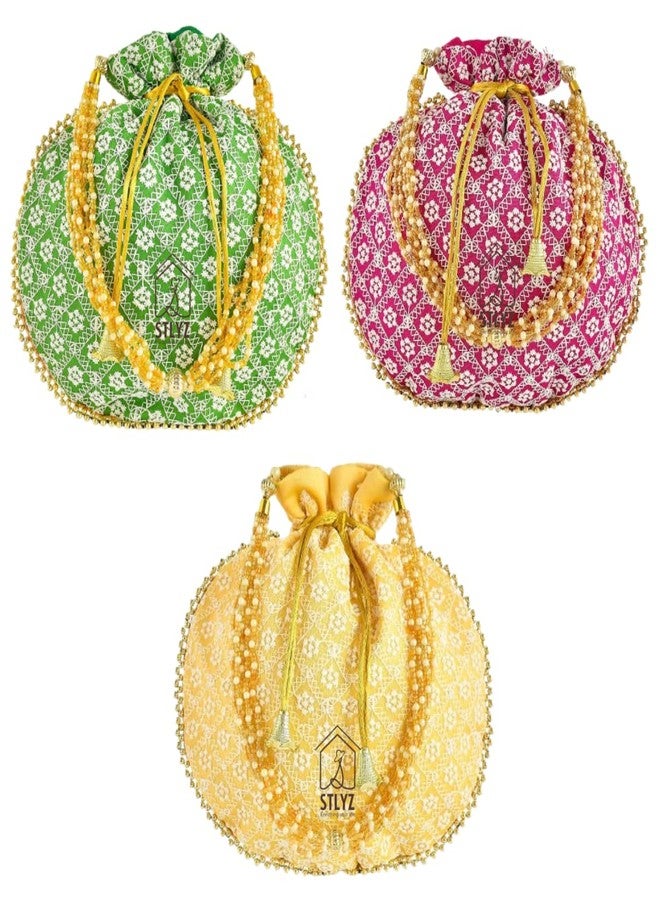 STLYZ Lucknowi Embroidered Potli Bag For Women, Handmade Traditional Potli Handbag Wristlets Ethnic Bridal Potli Batwa Bag For Ladies For Wedding Return Gifts (LucknowiPotli_Packof3) - Image 1