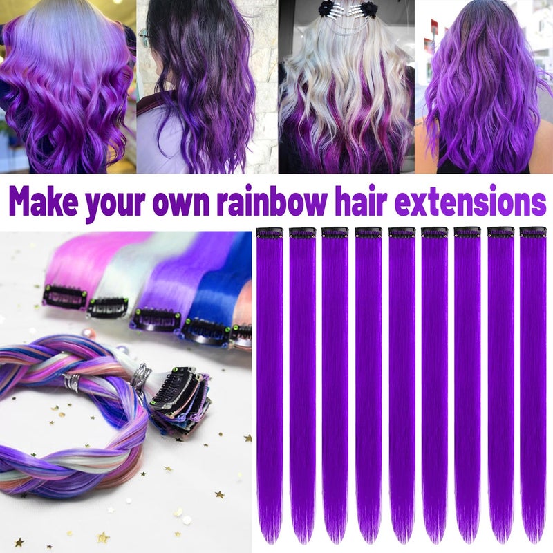 TOFAFA 22 inch Colored Hair Extensions Straight Hairpiece, Multi-colors Party Highlights Clip in Synthetic Hair Extensions for Women Kids Girls Favor Christmas New Year Cosplay Gift(10pcs Purple) - Image 2