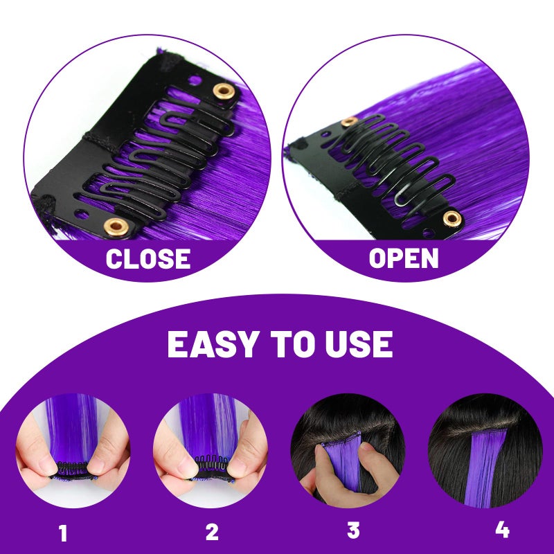 TOFAFA 22 inch Colored Hair Extensions Straight Hairpiece, Multi-colors Party Highlights Clip in Synthetic Hair Extensions for Women Kids Girls Favor Christmas New Year Cosplay Gift(10pcs Purple) - Image 3