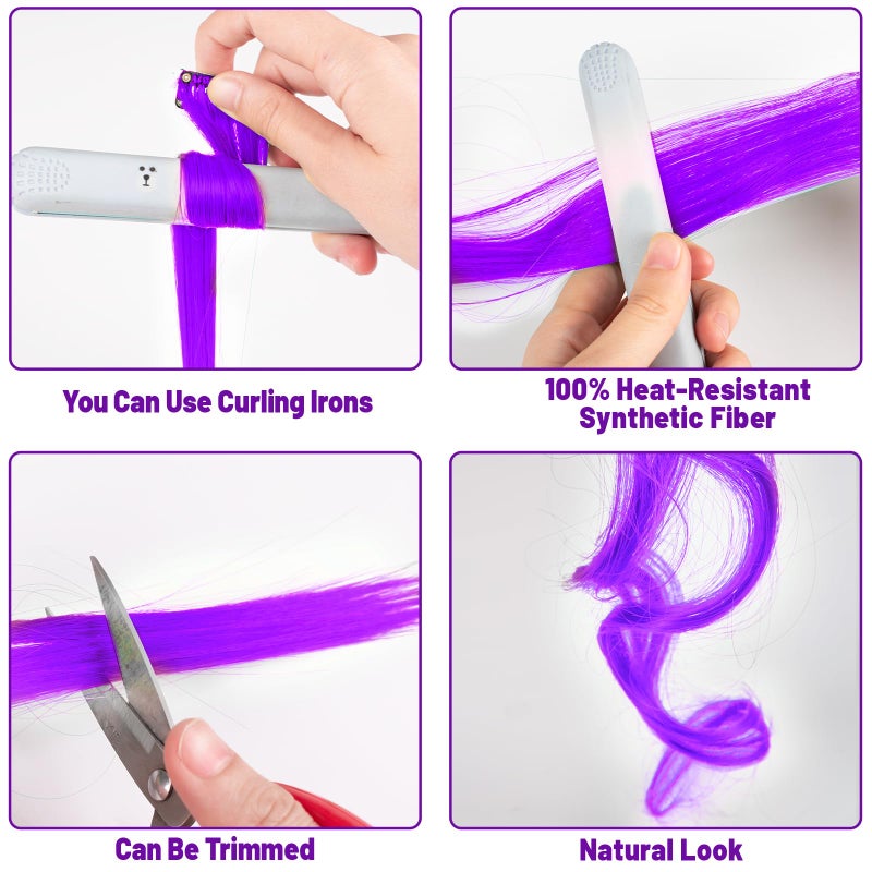 TOFAFA 22 inch Colored Hair Extensions Straight Hairpiece, Multi-colors Party Highlights Clip in Synthetic Hair Extensions for Women Kids Girls Favor Christmas New Year Cosplay Gift(10pcs Purple) - Image 5