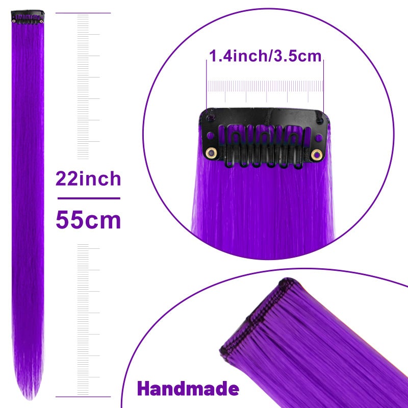 TOFAFA 22 inch Colored Hair Extensions Straight Hairpiece, Multi-colors Party Highlights Clip in Synthetic Hair Extensions for Women Kids Girls Favor Christmas New Year Cosplay Gift(10pcs Purple) - Image 4