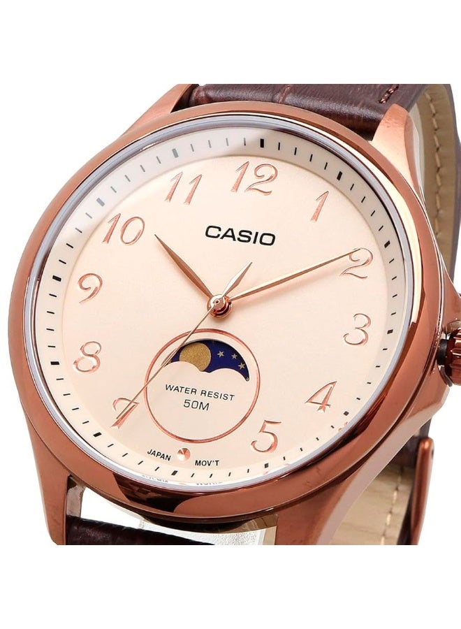 CASIO Analog Men's Watch MTP-M110RL-5A , 48.4 mm Moon Phase Beige Dial, Stainless Steel Case & Brown Leather Strap, 50m WR - Image 3