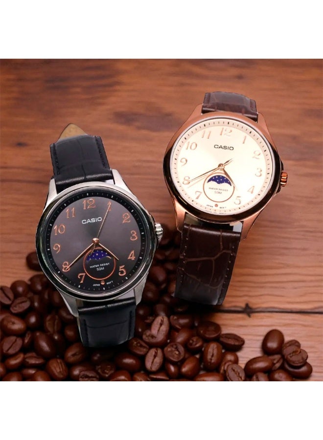 CASIO Analog Men's Watch MTP-M110RL-5A , 48.4 mm Moon Phase Beige Dial, Stainless Steel Case & Brown Leather Strap, 50m WR - Image 2