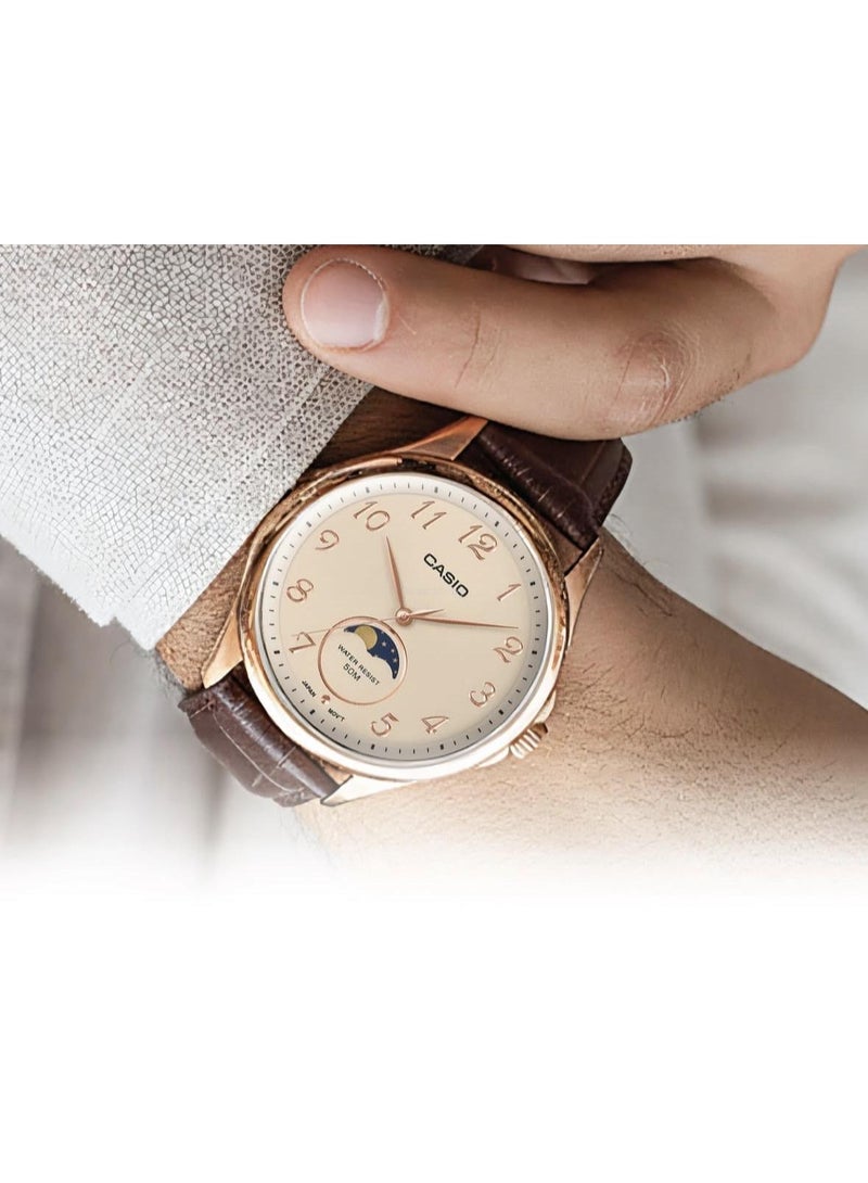 CASIO Analog Men's Watch MTP-M110RL-5A , 48.4 mm Moon Phase Beige Dial, Stainless Steel Case & Brown Leather Strap, 50m WR - Image 4