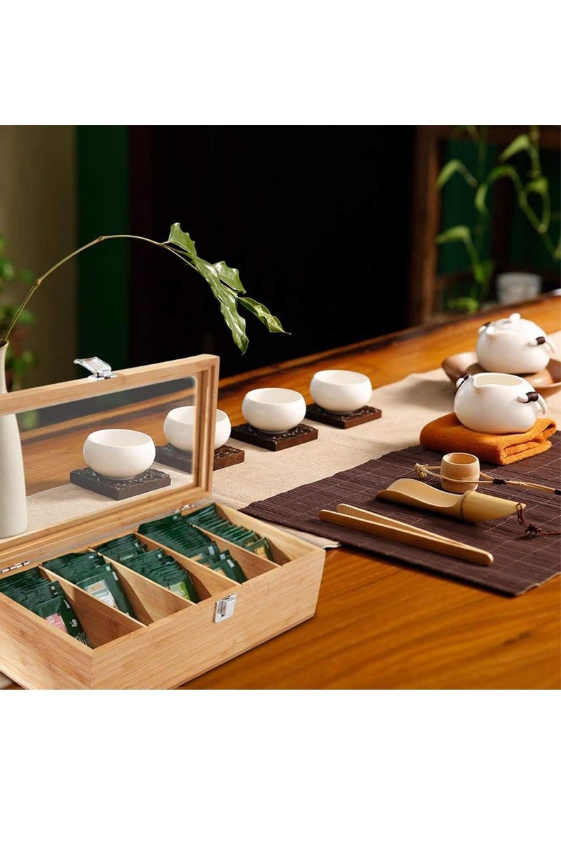 rocooart Tea Box Tea Bag Organizer, 5 Compartments Wood Tea Storage Box Holder with Clear Lid, Tea Chest Container Rustic Tea Organizer for Tea Bags, Coffee Pods, Sugar - Image 3