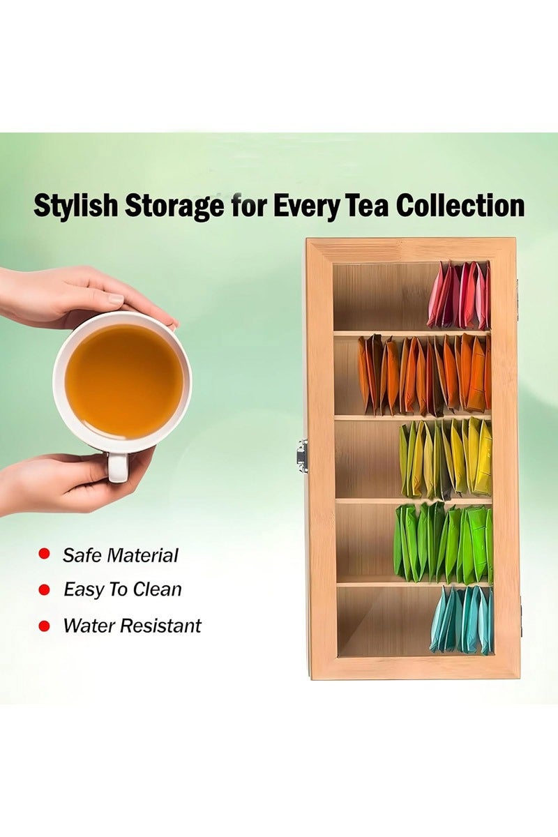 rocooart Tea Box Tea Bag Organizer, 5 Compartments Wood Tea Storage Box Holder with Clear Lid, Tea Chest Container Rustic Tea Organizer for Tea Bags, Coffee Pods, Sugar - Image 4