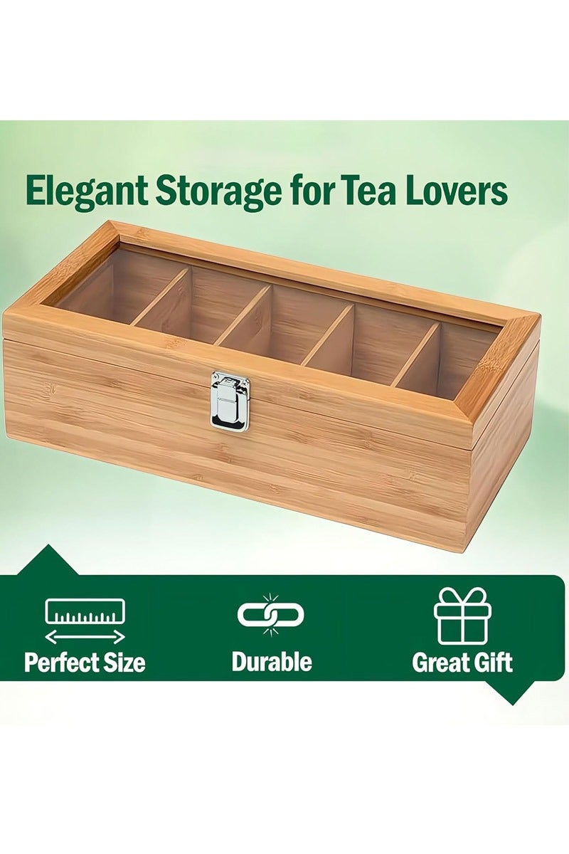 rocooart Tea Box Tea Bag Organizer, 5 Compartments Wood Tea Storage Box Holder with Clear Lid, Tea Chest Container Rustic Tea Organizer for Tea Bags, Coffee Pods, Sugar - Image 5