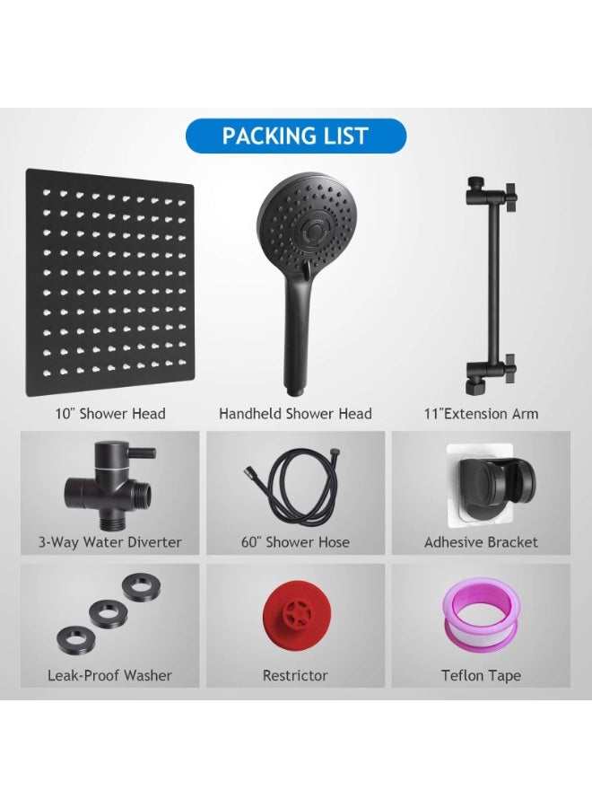 Matte Black 10 Inch Rain Shower Head Combo with 5-Setting Handheld Spray and Adjustable Extension Arm - Image 3