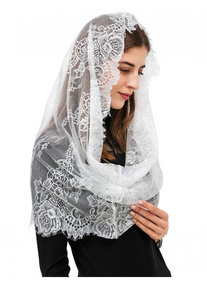 PAMOR Spanish Style Lace Traditional Vintage Inspired Infinity Shape Mantilla Veil Latin Mass Head Covering (White) - Image 2