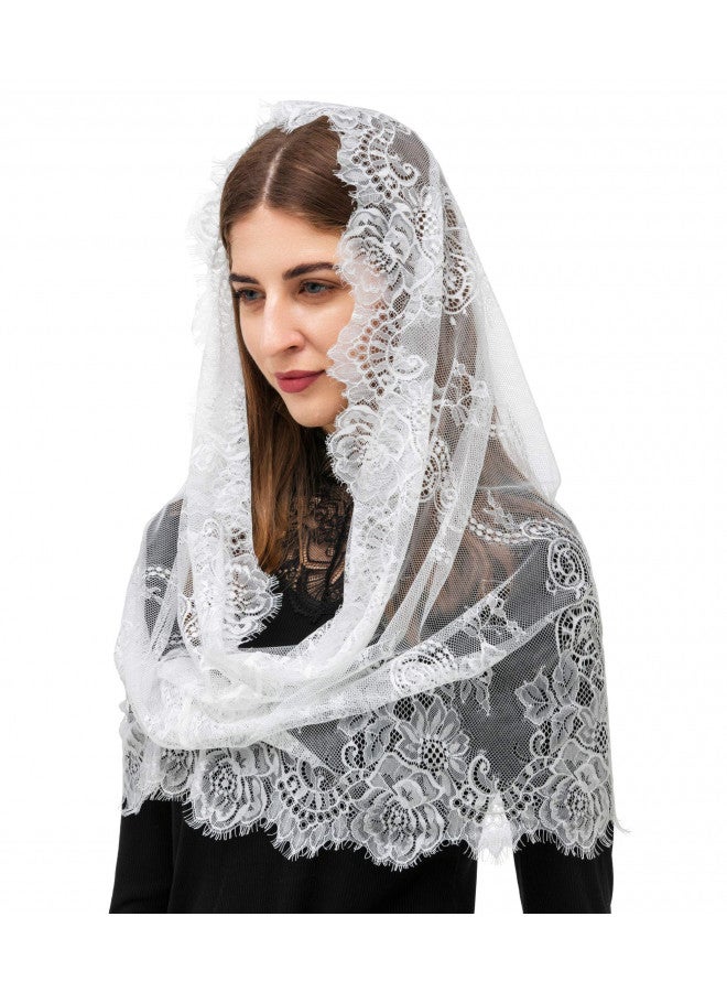 PAMOR Spanish Style Lace Traditional Vintage Inspired Infinity Shape Mantilla Veil Latin Mass Head Covering (White) - Image 1
