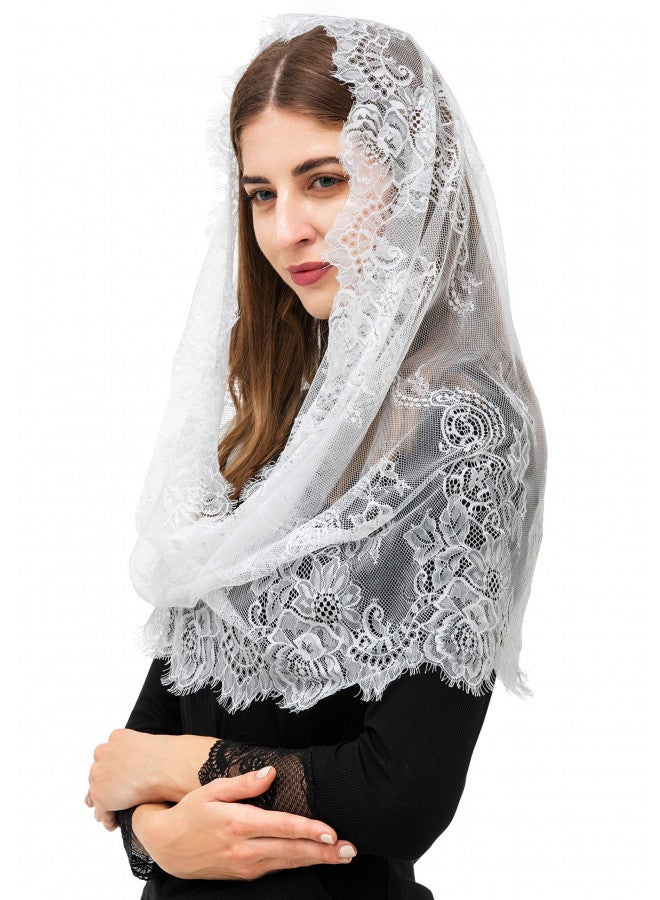 PAMOR Spanish Style Lace Traditional Vintage Inspired Infinity Shape Mantilla Veil Latin Mass Head Covering (White) - Image 3