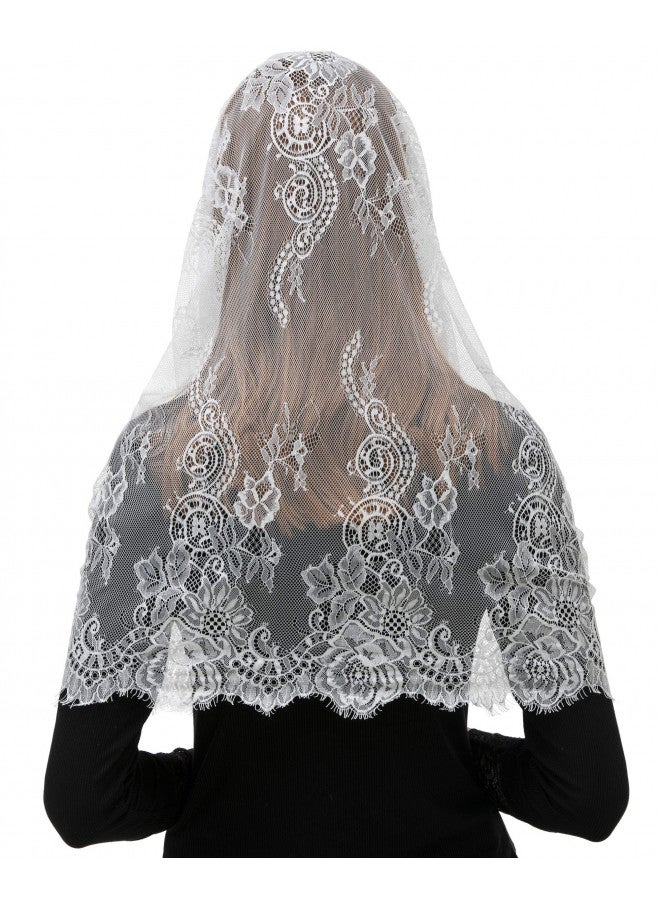 PAMOR Spanish Style Lace Traditional Vintage Inspired Infinity Shape Mantilla Veil Latin Mass Head Covering (White) - Image 4