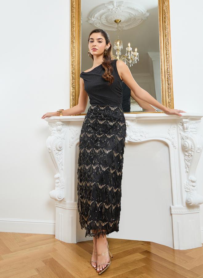Styli Women Black Embellished Sequined Maxi Skirt - Image 1