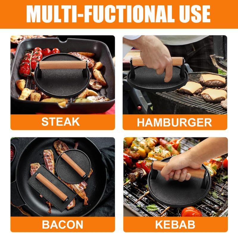 Cast Iron Smash Burger Press 7.5 Inch with Wood Handle - Nonstick Grill Press for Griddle Cooking - Image 4