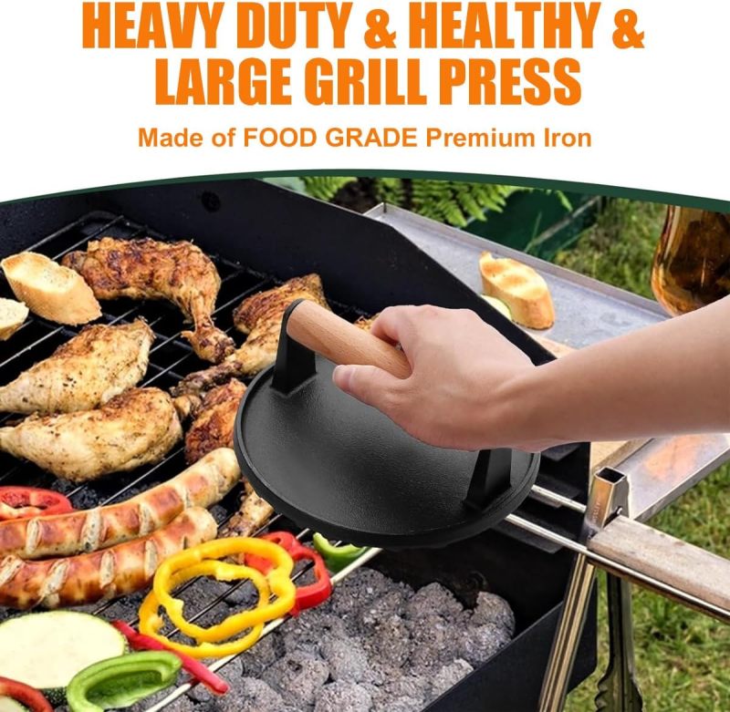 Cast Iron Smash Burger Press 7.5 Inch with Wood Handle - Nonstick Grill Press for Griddle Cooking - Image 2