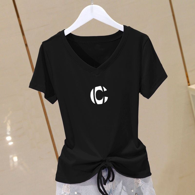 Summer Plus Size Cotton V-Neck Slimming Tee for Women Black-letter-C-White