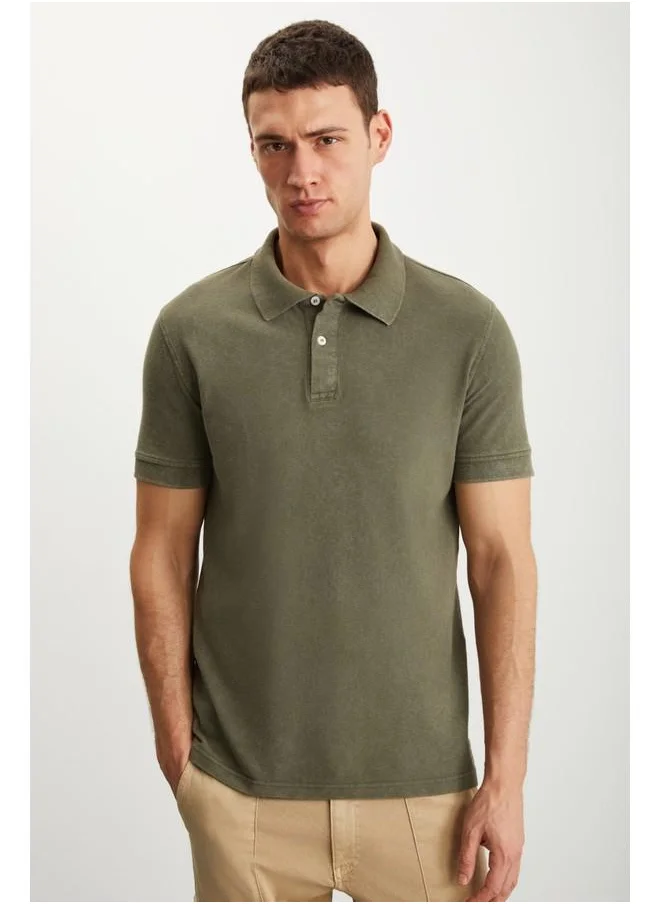 جريميلانج Grimelange Vernon Men's Washed Effect Khaki Polo Neck T-Shirt