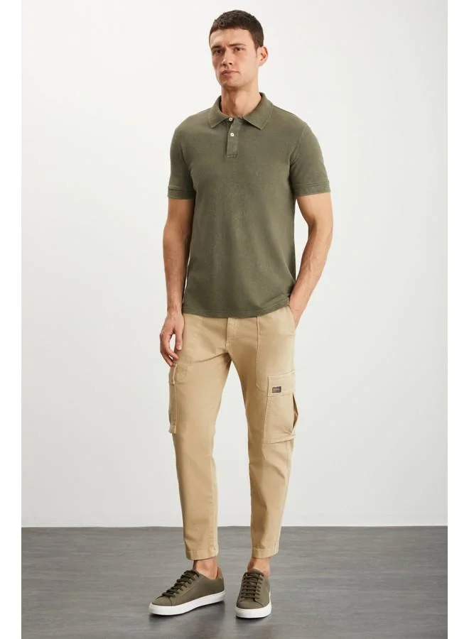 GRIMELANGE Grimelange Vernon Men's Washed Effect Khaki Polo Neck T-Shirt