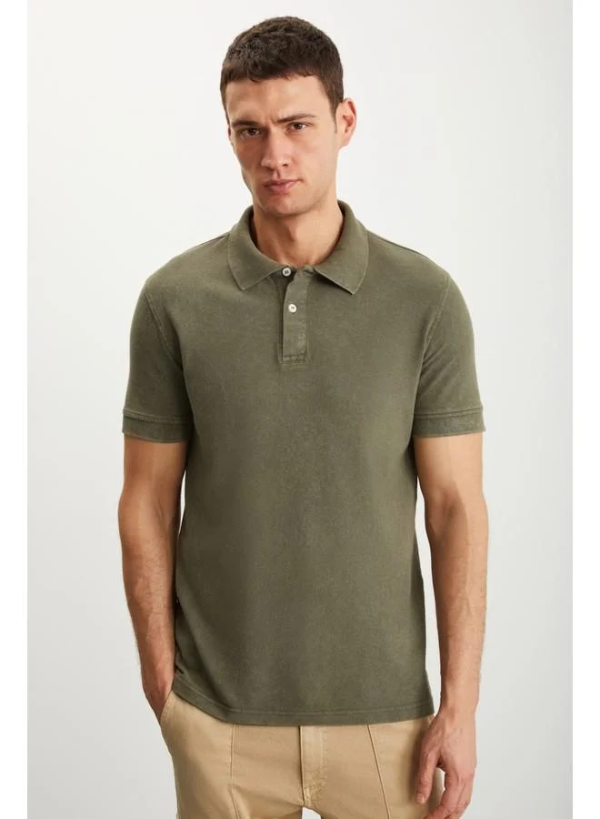 GRIMELANGE Grimelange Vernon Men's Washed Effect Khaki Polo Neck T-Shirt