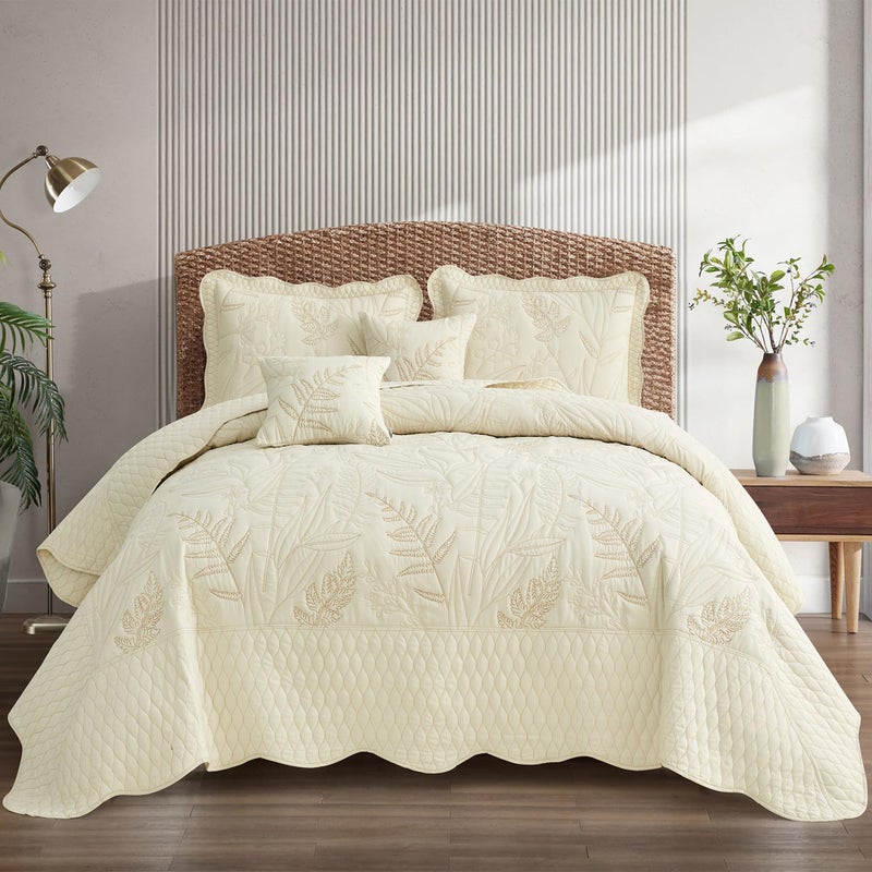 DaisyHuang Botanical Oversized Bedspread King Size  Leaves Pattern Stitching Quilt Set  Elegant  Fresh Style Bedding Coverlets Reversible Lightweight 5 Piece Ivory