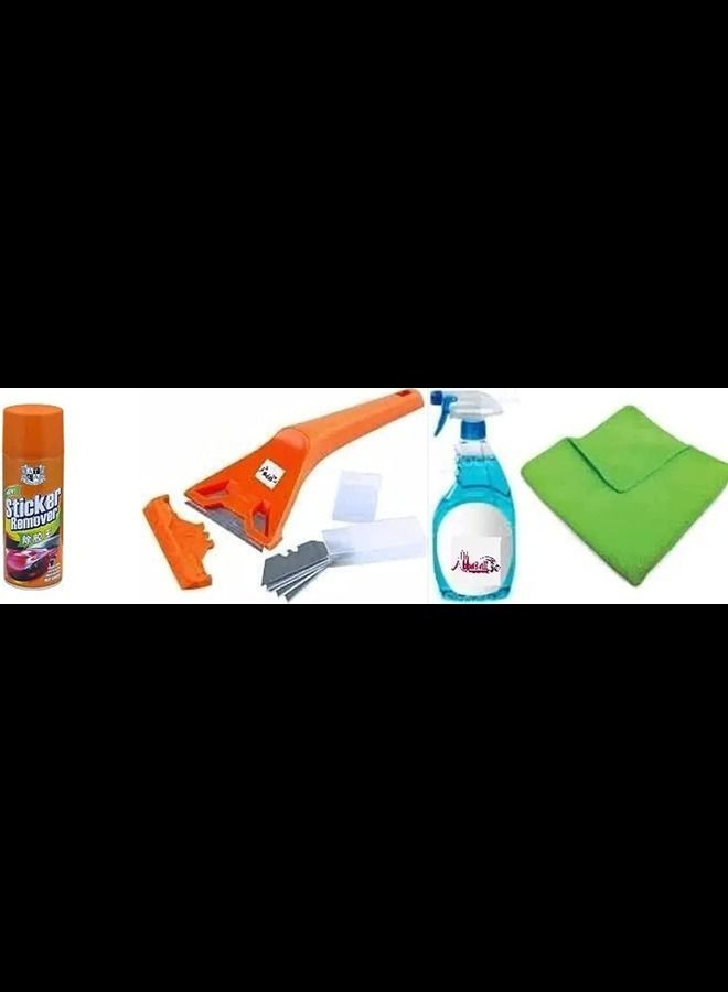 ABBASALI Sticker Remover Glass Cleaner Spray Includes Glass Scrapper With Spare Blade Pkt & Fiber Cloth For Cleaning Glass In House offices schools vehicles Glass