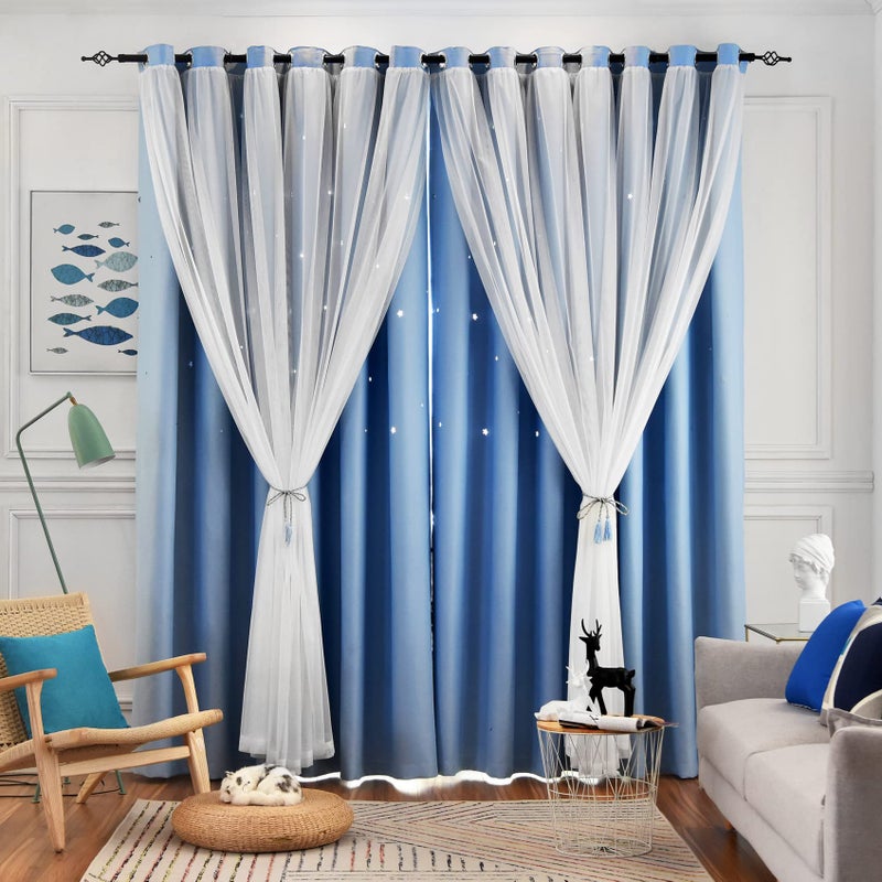 Loyala Stars Curtains Double Layer Curtains Blackout Curtains for Bedroom Kids Curtains Cute Curtains Kids Blackout Curtains Curtains 72 Inches Long 2 Panels Set Blue Curtains 52 X 72 Inches