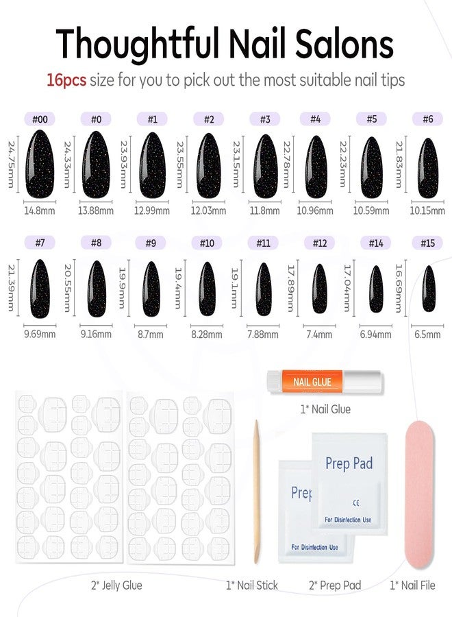 Modelones 32Pcs Sparkle Black Press on Nails Almond, Glitter Short Almond Fake Nails, Reusable Nail Kit with Nail Glue Adhesive Tabs Mini Nail File, Nails Press Ons 16 Sizes - Image 4