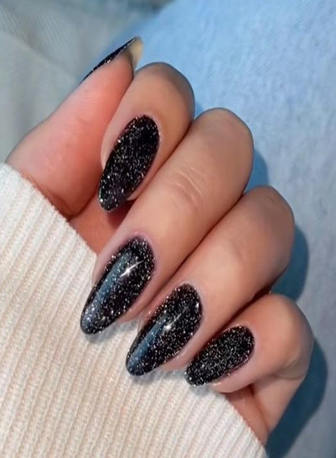 Modelones 32Pcs Sparkle Black Press on Nails Almond, Glitter Short Almond Fake Nails, Reusable Nail Kit with Nail Glue Adhesive Tabs Mini Nail File, Nails Press Ons 16 Sizes - Image 1