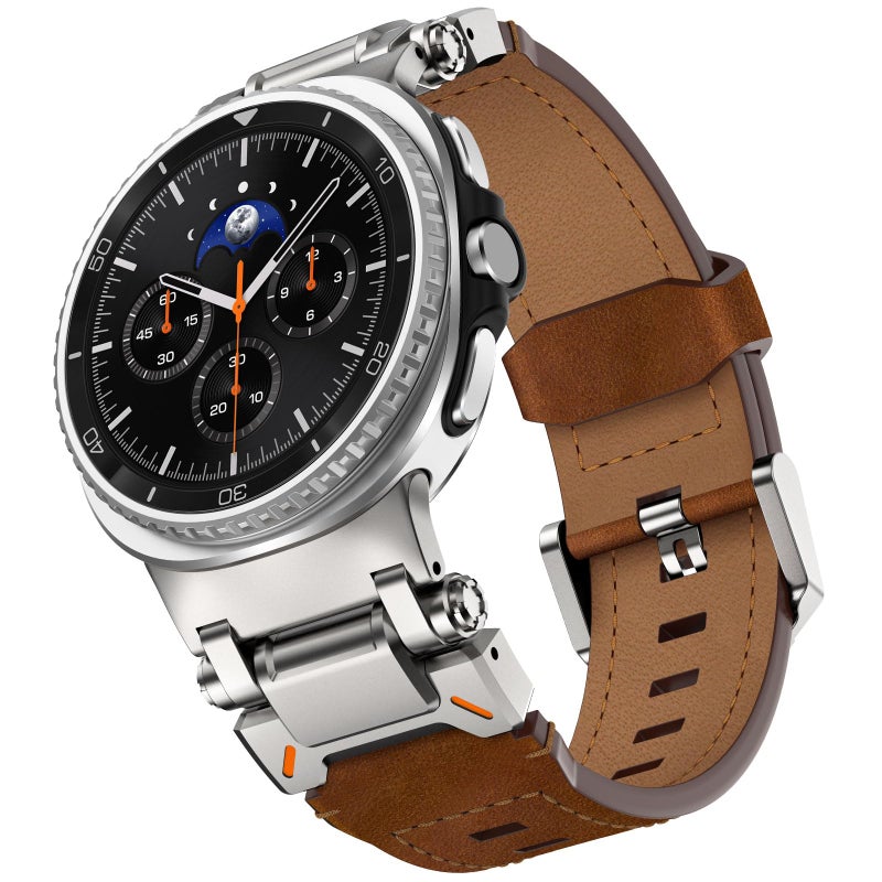 WINGLE Leather Band for Galaxy Watch 88 Classic Band Samsung Galaxy Watch 8 Bands Men 46mm 44mm 40mm Rugged Top Grain Genuine Leather Strap Metal Connector Armor Classy Casual Business Bands Brown - Image 2