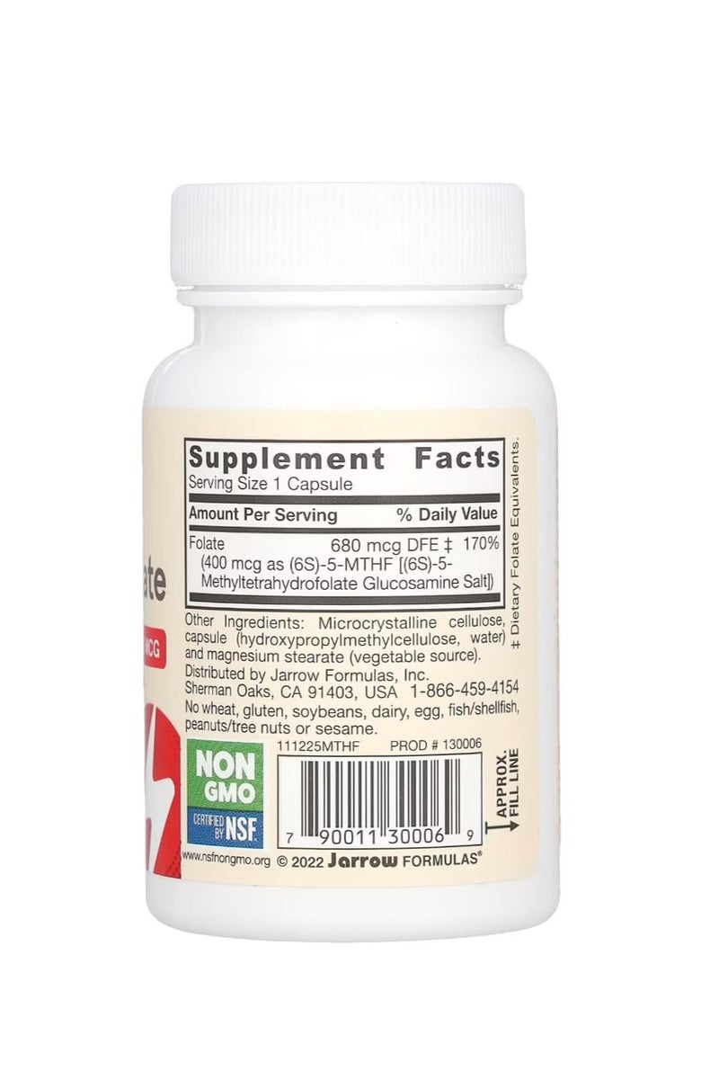 jarrow formulas Methylfolate 100% Vegan Double Strength 400mg 60 Capsules - Image 2