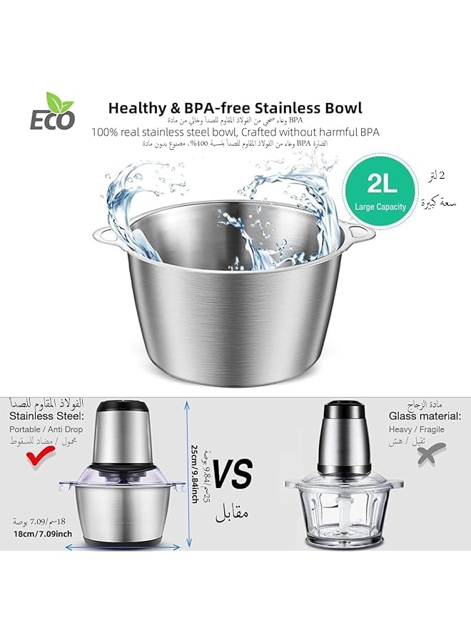 erorex Meat Grinder Electric Electric Meat Grinder Healthy Non Bpa Stainless Steel Bowl 2L 350W Food Chopper Processors 2 Speed Modes 4D Design Blades For Onion Meat Nuts Fruit Garlic Vegetable Baby Food  - Image 5