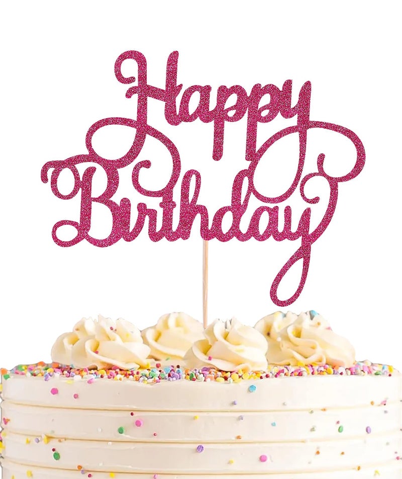 AHAORAY Happy Birthday Cake Topper - Rose Red Glitter Happy Birthday Cake Bunting Decor - Bday Party Cake Decoration Supplies  for Photo Booth Props - Image 1