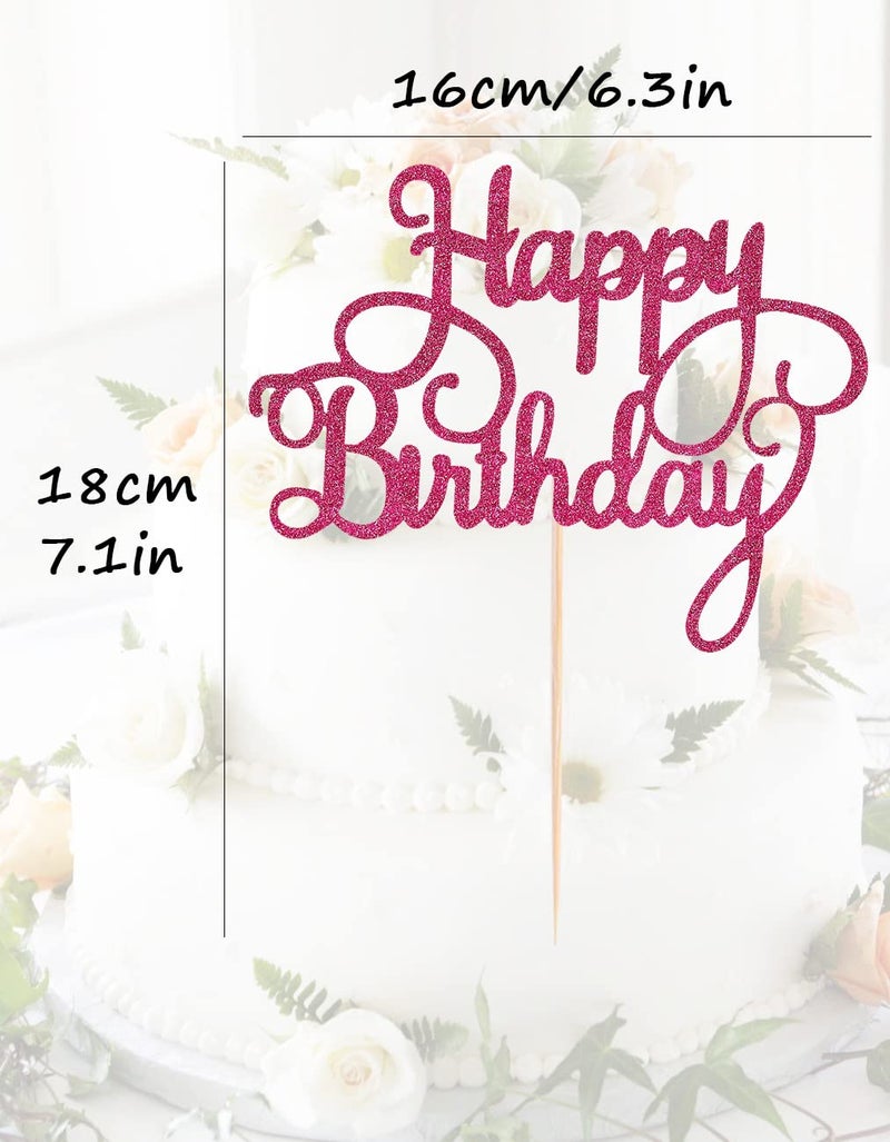 AHAORAY Happy Birthday Cake Topper - Rose Red Glitter Happy Birthday Cake Bunting Decor - Bday Party Cake Decoration Supplies  for Photo Booth Props - Image 3
