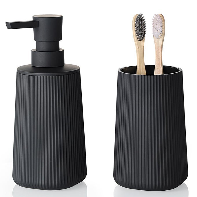 BATHROOM ACCESSORIES 2 PIECE SOAP DISPENSER AND TOOTHBRUSH HOLDER SET STRIPED BLACK