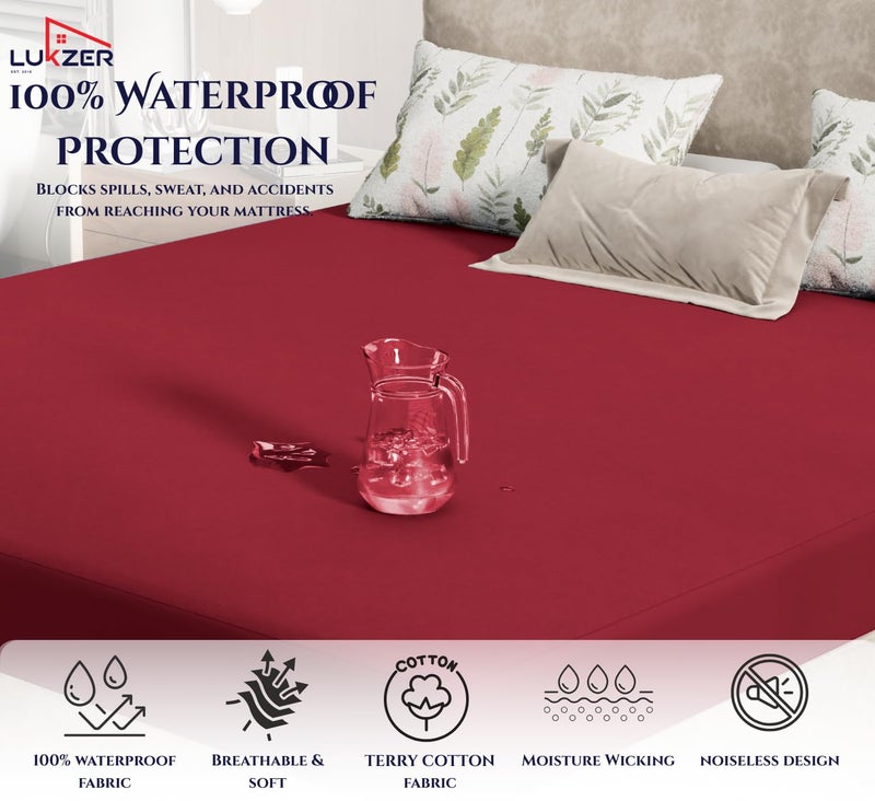 Lukzer 100% Waterproof Mattress Protector with Ultra Soft Terry Cotton Surface 78x72 Inches Maroon King Size Elastic Fitted Cover Breathable Noiseless Washable Hypoallergenic Bed Cover - MTP-MAR-006 - Image 4