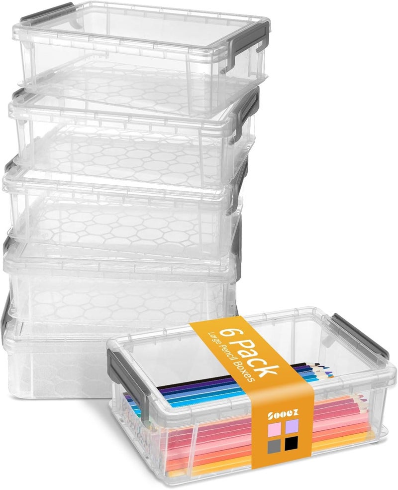 Sooez 6 Pack Extra Large Pencil Box, Plastic Pencil Case Crayon Box, Clear Marker Organizer Plastic Containers with Lid, Stackable Storage Boxes for Art Craft,Pen,Back to School Teacher Supplies, Grey - Image 1