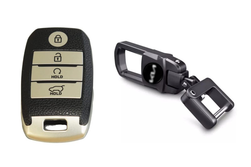 Greenworld™ Black Color Fob Key Heavy Duty Keychain for K-ia Seltos/Ki-a Sonet/K-ia Carens/Sutable for all Ki-a Car (Keychain with silver leather 4 button tpu cover) - Image 5