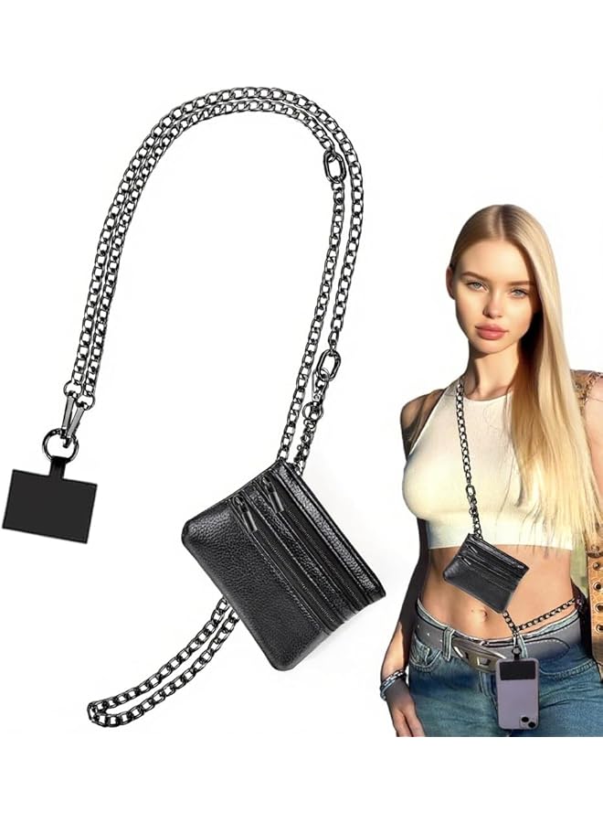 Green Tiger ZORBES Fashion Phone Strap for Women, Metal Link Chain Strap with Small Coin Bag, Hands-free Travel Crossbody Phone Sling Strap Shoulder Lanyard with Tether Tab & Clasps - Image 1