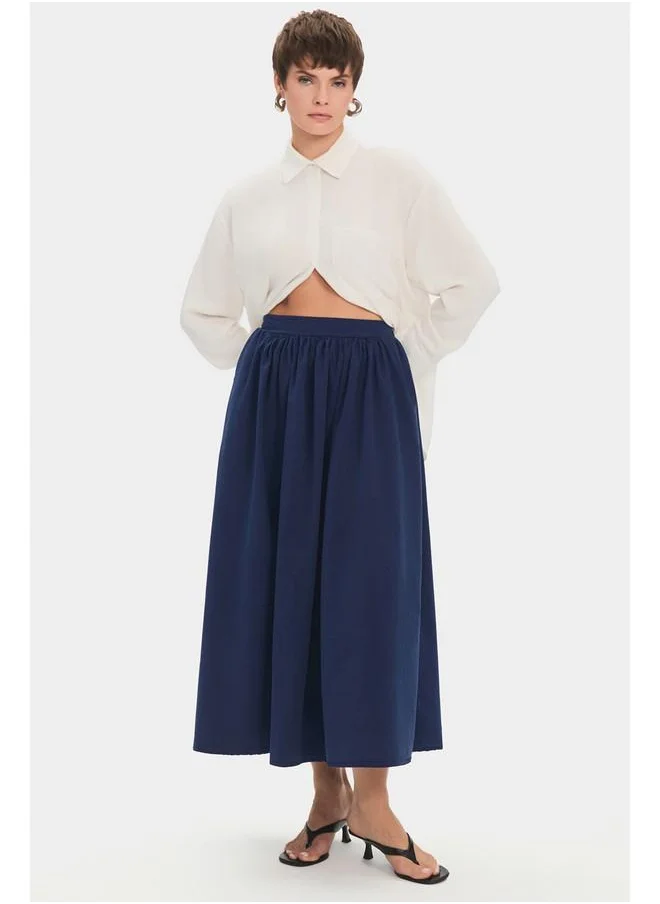 جون June Women 100% Cotton Pleated Midi Skirt Navy