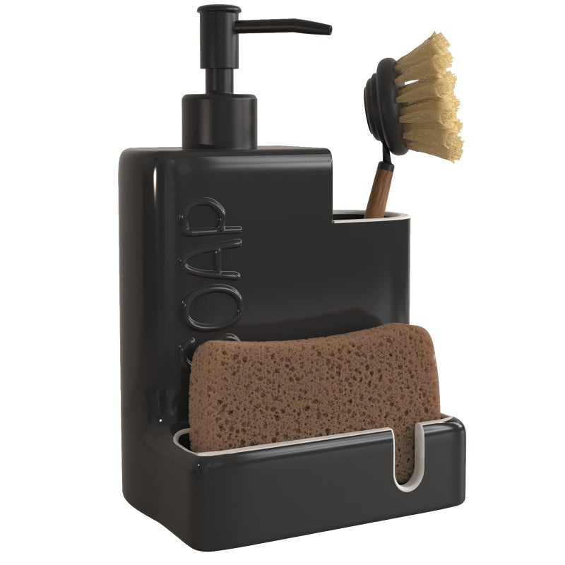 Karisky 3in1 Ceramic Dish Soap Dispenser with Sponge and Brush Holder Matte Black