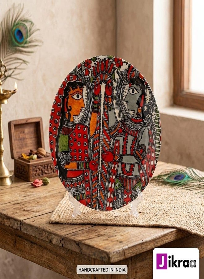 JIKRAA® Madhubani Art Ceramic Decorative Plate (8 Inch) | 2-in-1 Use : Handcrafted Wall Hanging & Tabletop Showpiece | Traditional Indian Designer Plate for Living Room, Bedroom, Office, Café Décor - Image 2