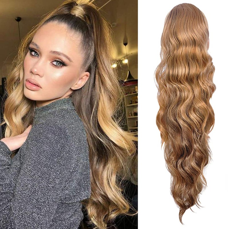 KETHBE KETHBE 24 Inch Long Body Wave Ponytail hair Extension Synthetic Heat Resistant Wrap Around Drawstring Curly Wavy Ponytail Hairpieces for Women 626 