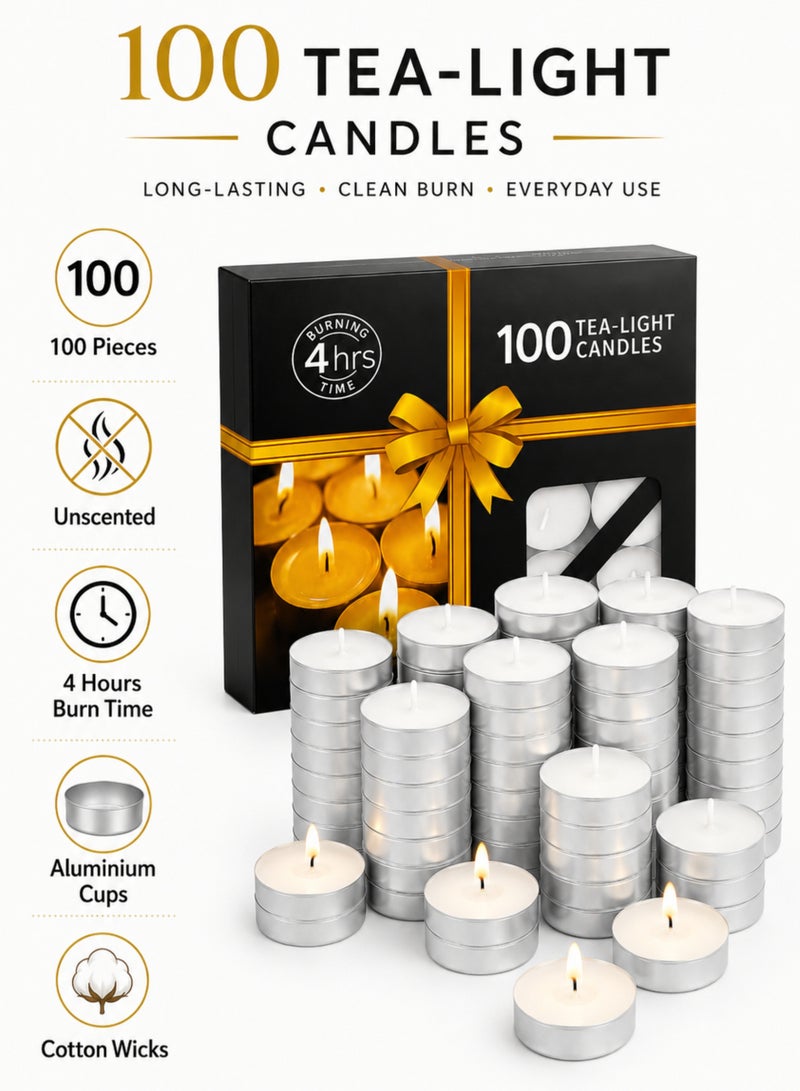 MOMENT 100-Piece Tealight Candles White, Small Votive Dripless & Long Lasting Paraffin Candles | for Home, Pool, Shabbat, Weddings & Emergencies, Unscented - Image 2