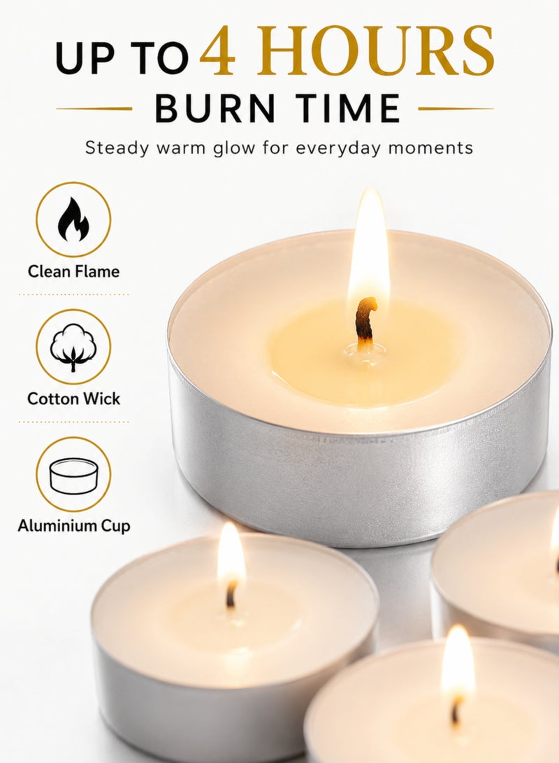 MOMENT 100-Piece Tealight Candles White, Small Votive Dripless & Long Lasting Paraffin Candles | for Home, Pool, Shabbat, Weddings & Emergencies, Unscented - Image 3