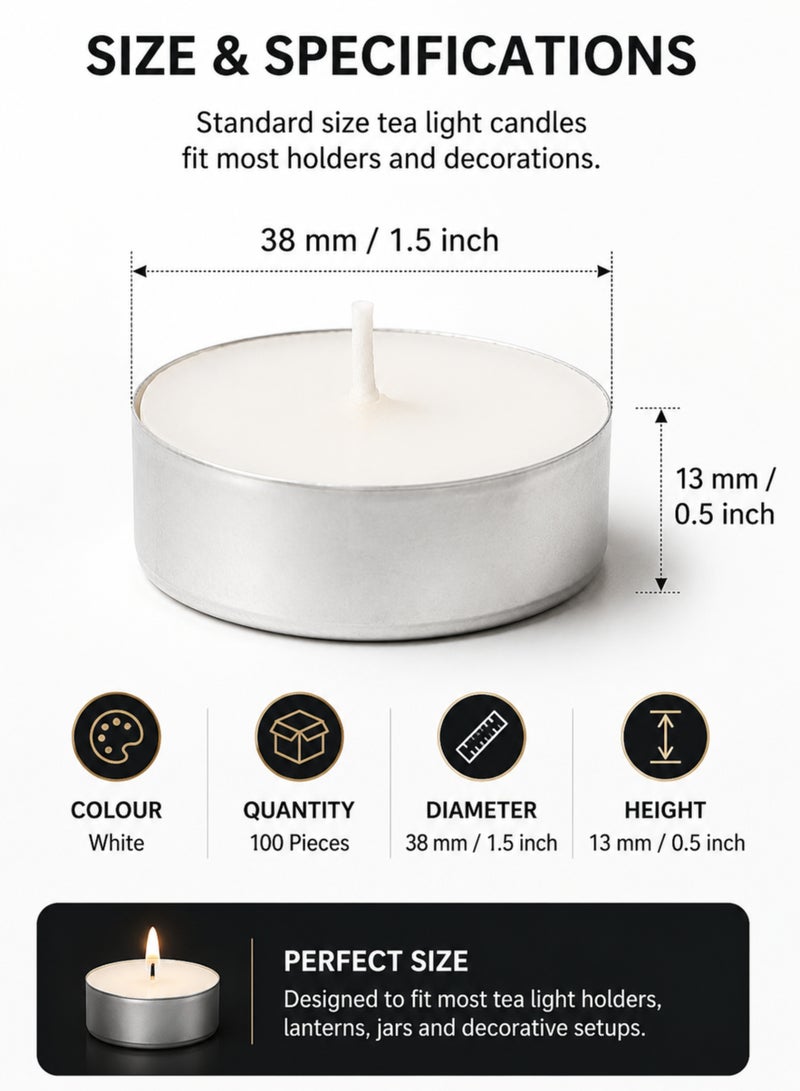 MOMENT 100-Piece Tealight Candles White, Small Votive Dripless & Long Lasting Paraffin Candles | for Home, Pool, Shabbat, Weddings & Emergencies, Unscented - Image 4