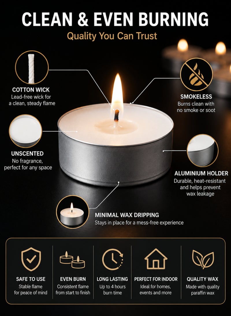 MOMENT 100-Piece Tealight Candles White, Small Votive Dripless & Long Lasting Paraffin Candles | for Home, Pool, Shabbat, Weddings & Emergencies, Unscented - Image 5