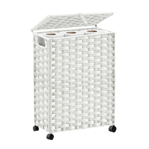 Hiagnete Toilet Paper Storage Basket with Lid and Wheels Rattan Toilet Paper Holder Storage Toilet Paper Organizer for Bathroom Bedroom Kitchen 126L x 71W x 1714H White - Image 1